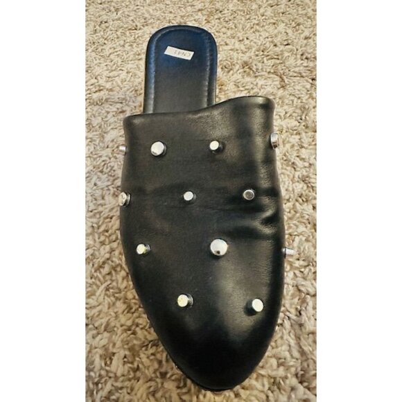 Black Studded Whimsigoth Punk Leather Slip-On Mules Wooden Platform Heel 8/8.5 - Picture 5 of 6